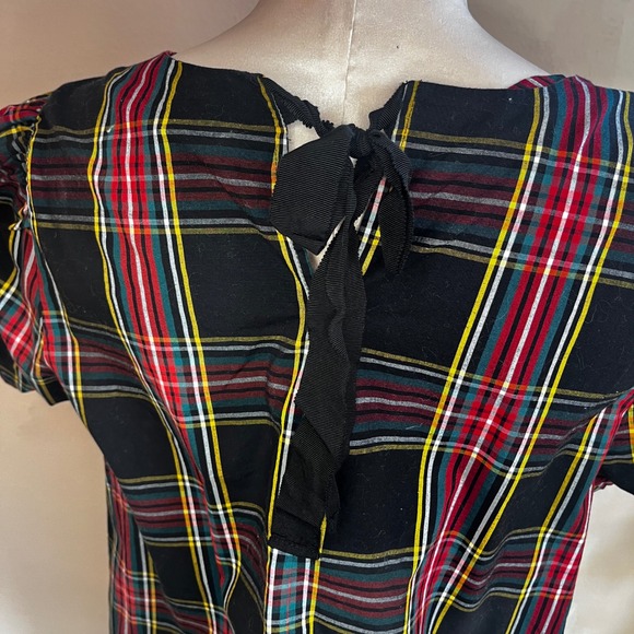 J.Crew Re-Imagined Plaid Puff Sleeve Blouse XL Black Red Holiday Back Tie Top - Picture 9 of 11